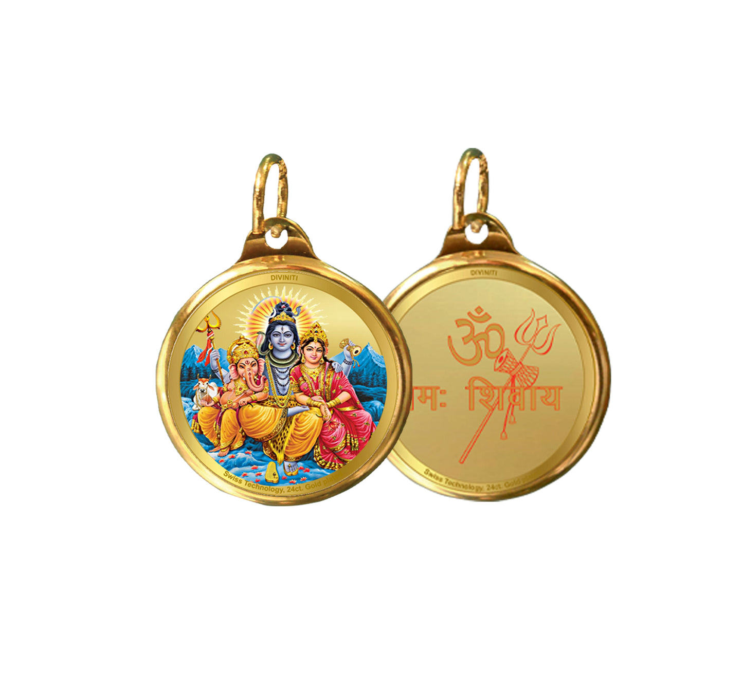 Diviniti 24K Gold Plated Shiv Parivar & Om 22MM Double Sided Pendant For Men, Women & Kids