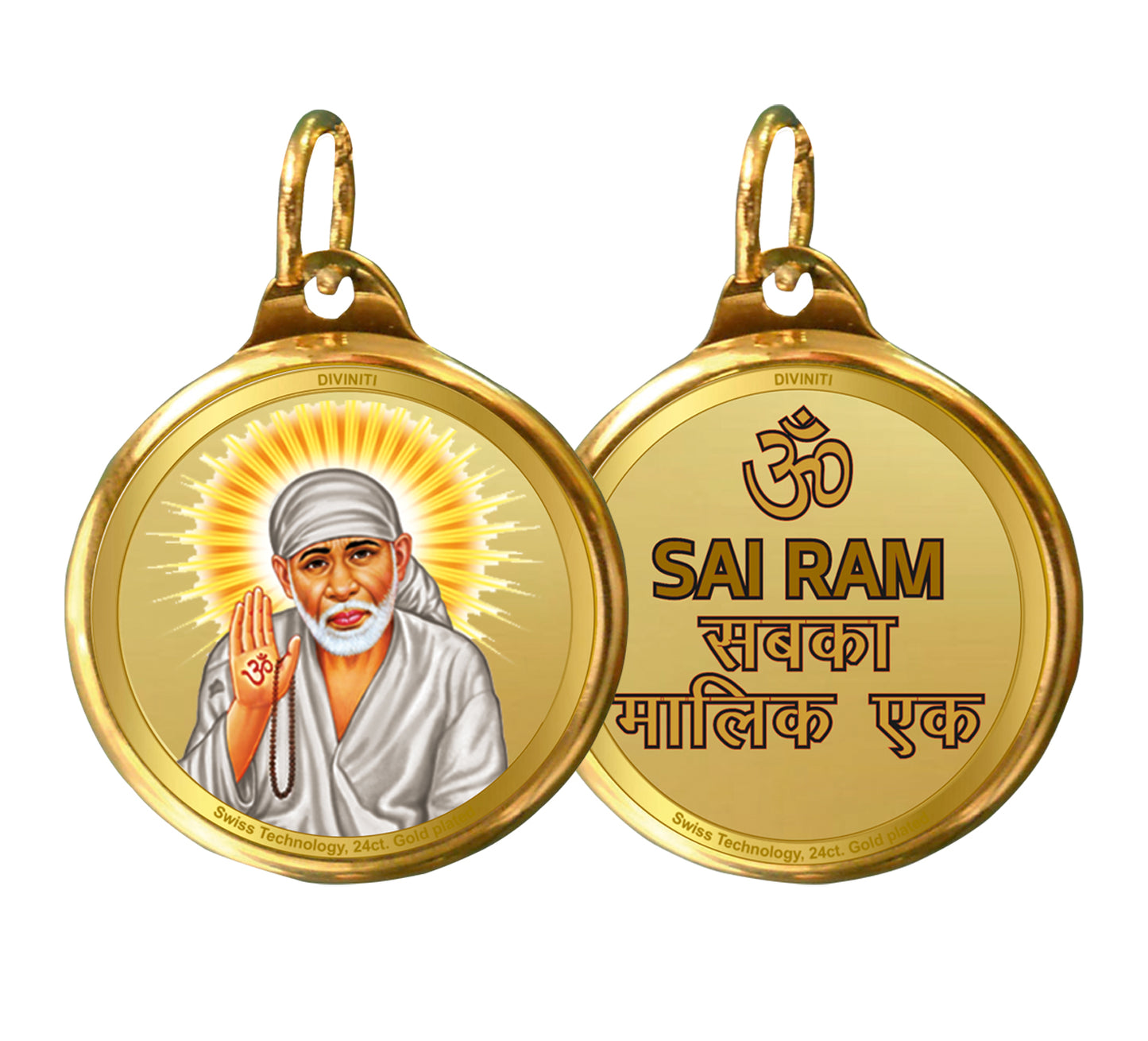 Diviniti 24K Gold Plated Sai Baba & Om 22MM Double Sided Pendant For Men, Women & Kids