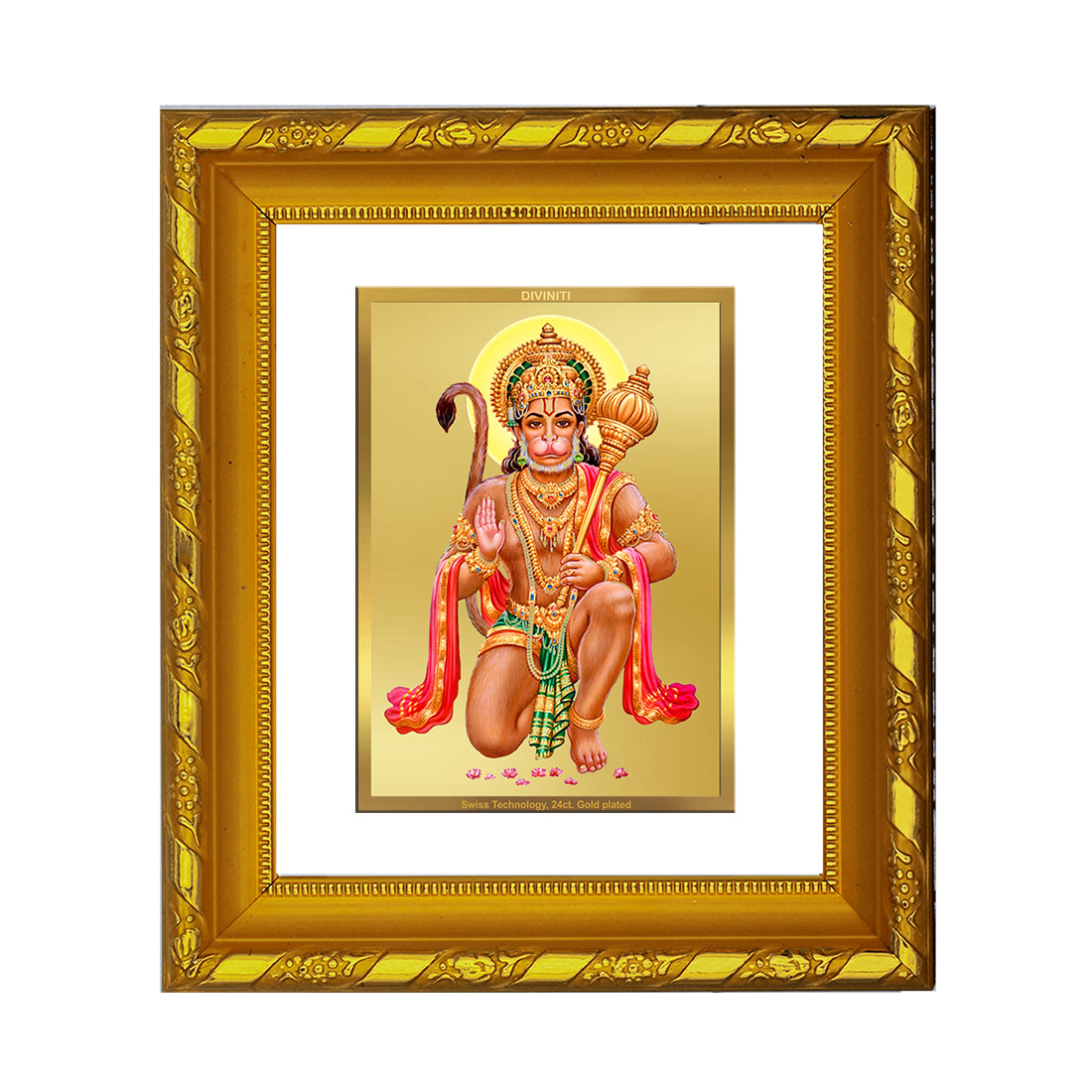 DIVINITI 24K Gold Plated Foil Lord Hanuman Photo Frame for Home Wall Decor, TableTop, Puja DG 103 Size 1 (15.3x14.9 CM)