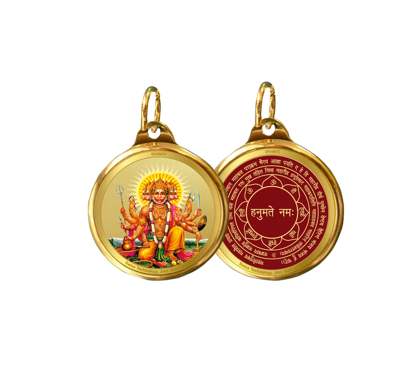 Diviniti 24K Gold Plated Lord Panchmukhi Hanuman & Yantra 28MM Double Sided Pendant For Men, Women & Kids