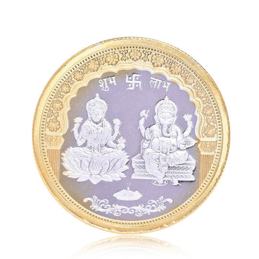 DIVINITI Pure Silver Coin with 24K Gold Plated Laxmi Ganesh & Swastik Exquisite Emblem of Wealth and Blessings for Home & Office Décor, Puja Room Diwali Gift (50g)