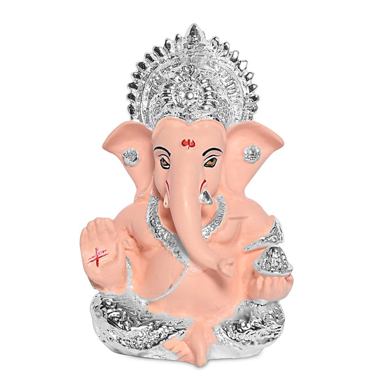 Diviniti 999 Silver Plated Resin Lord Ganesha Idol for Car Dashboard Tabletop for Home Decor Mandir Puja Gift Nude (8.4x4.2cm)