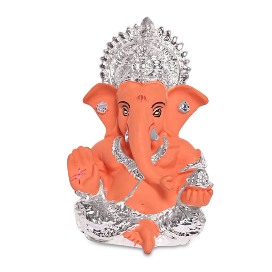 Diviniti 999 Silver Plated Lord Ganesha Idol for Car DashboardTabletop For Home Decor Mandir Puja Gift Terracotta Orange (8.4x4.2cm)