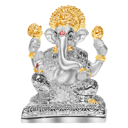 Diviniti 999 Silver Plated Ganpati Idol Statue Divine Symbol of Wisdom and Prosperity for Home Office Décor, Puja Room, Tabletop Gift (10x7.5 CM)