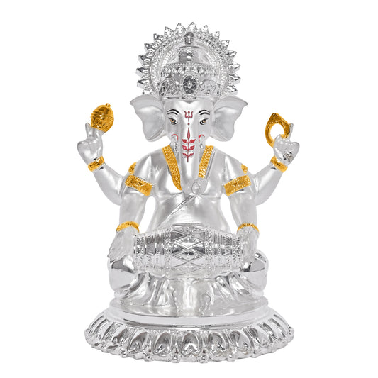 Diviniti 999 Silver-Plated Lord Ganesha Idol Statue Exquisite for Home Decor, Office Accent Pooja Room Essential & Thoughtful Gift (15x12 CM)