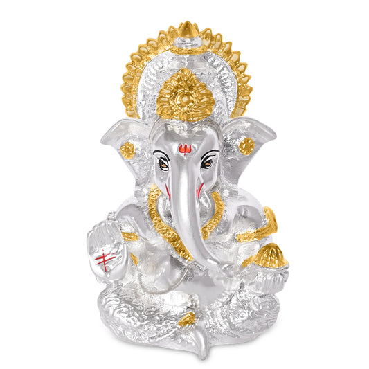 Diviniti 999 Silver Plated Lord Ganesha Idol for Car Dashboard Tabletop for Home Decor Mandir Puja Gift Silver & Gold (8.4x4.2cm)