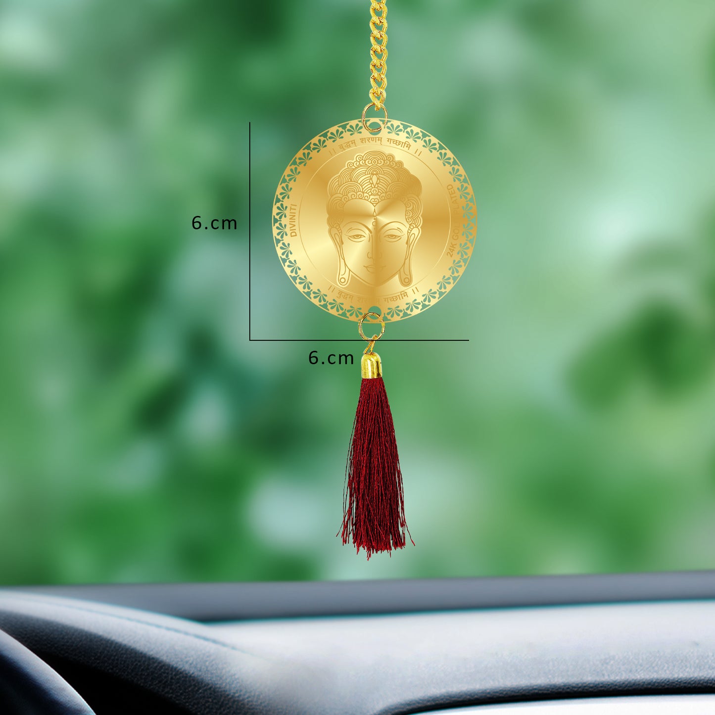 Diviniti 24K Gold Plated Double Sided Buddha & Mantra Car Dangler| 6 CM Buddha Hanging Car Decor| Luxurious 24K Gold Plated Dangler For Car| Divine Car Accessories For Positive Energy & Protection