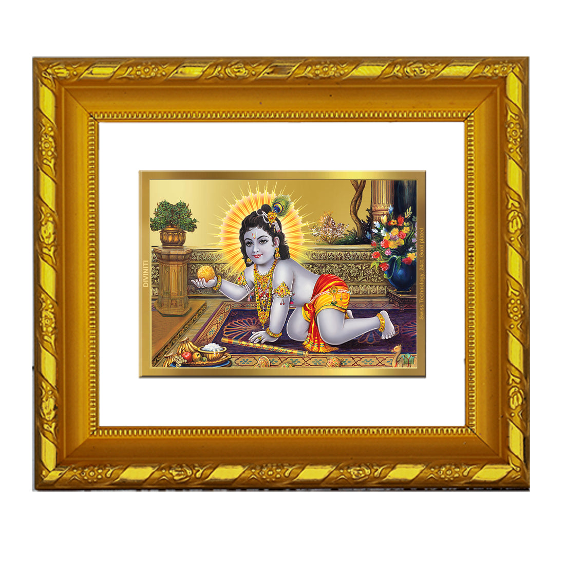 DIVINITI 24K Gold Plated Foil Laddu Gopal Photo Frame for Home Wall Decor, Housewarming DG 103 Size 1 (15.3x14.9 CM)