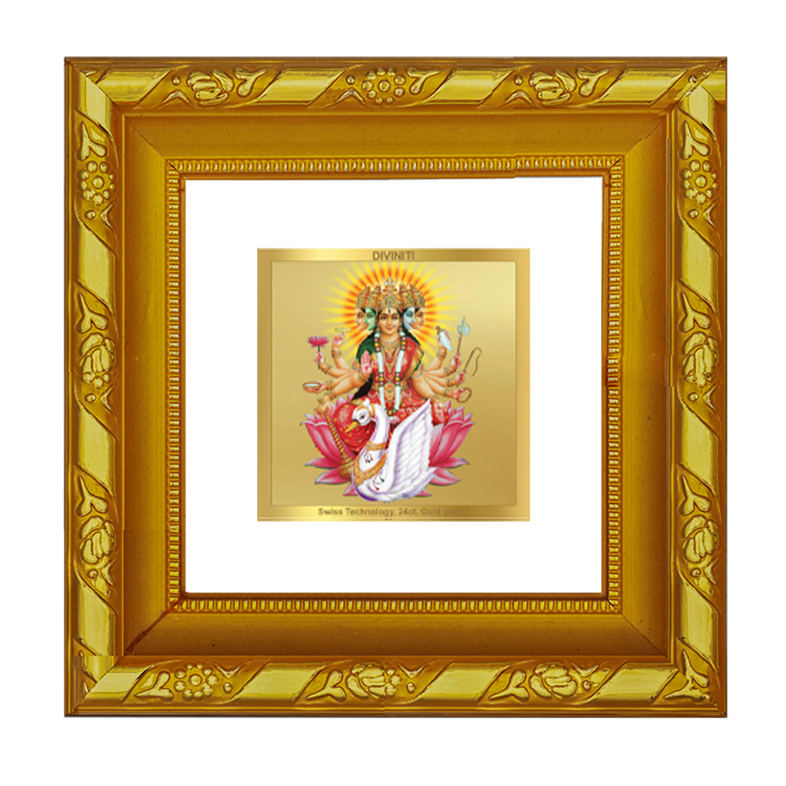 DIVINITI 24K Gold Plated Foil Gayatri Mata Wooden Photo Frame Idol for Wall Hanging, Workshop, Home Decor, Puja Room, Luxurious Gifts | DG103S1A (10x10 CM)