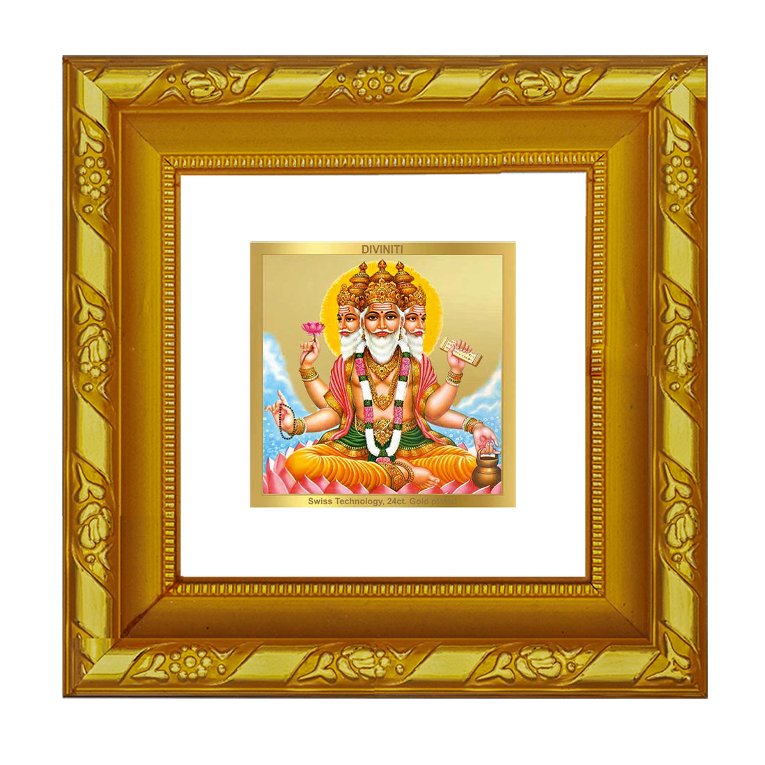 DIVINITI 24K Gold Plated Foil Lord Brahma Ji Wooden Luxurious Photo Frame for Puja Room, Home Decor, TableTop, Gift Item | DG103S1A (10x10 CM)