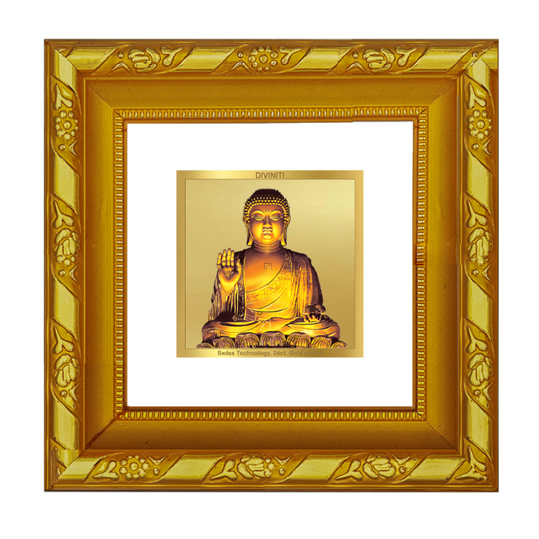 DIVINITI 24K Gold Plated Foil Lord Buddha Wooden Wall Photo Frame Idol for Meritnation, Puja Room, Home Decor, Table Top, Gifts | DG103S1A (10x10 CM)