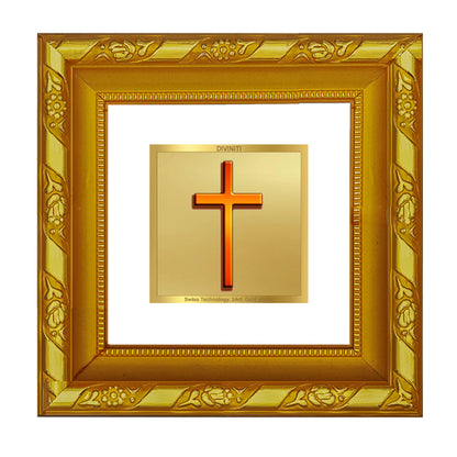 DIVINITI 24K Gold Plated Foil Holy Cross Wooden Photo Frame Idol for Wall Hanging, Home Decor, Table Top, Workshop, Premium Gifts | DG103S1A (10x10 CM)