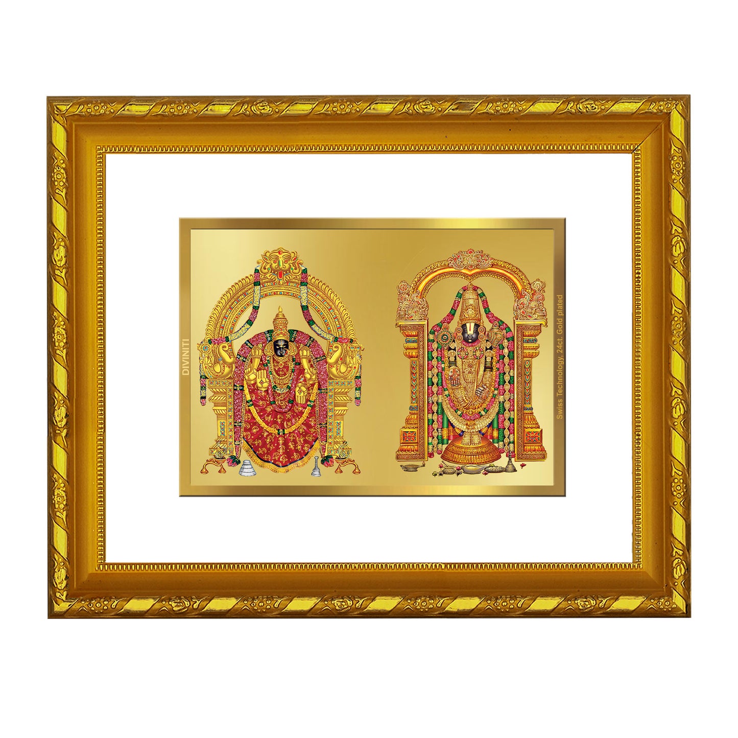 DIVINITI 24K Gold Plated Padmavathi Balaji Wooden Elegant Photo Frame Idol for Puja Room, Home Wall Decor, Workshop, Table Top, Premium Gift | DG103 Size 2 (22.6x18.4 CM)