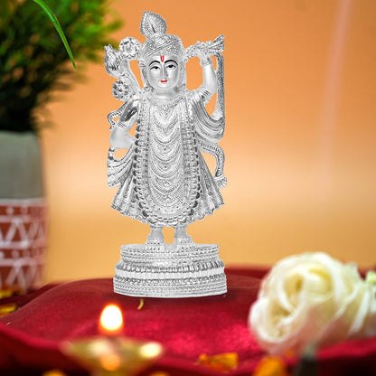 DIVINITI Elegant 999 Silver Plated Shrinath Ji Statue For Spiritual Energy, Divine Love and Grace, Idol For Home, Worshop, Office, Puja Room, Gift (25x11.5 CM)