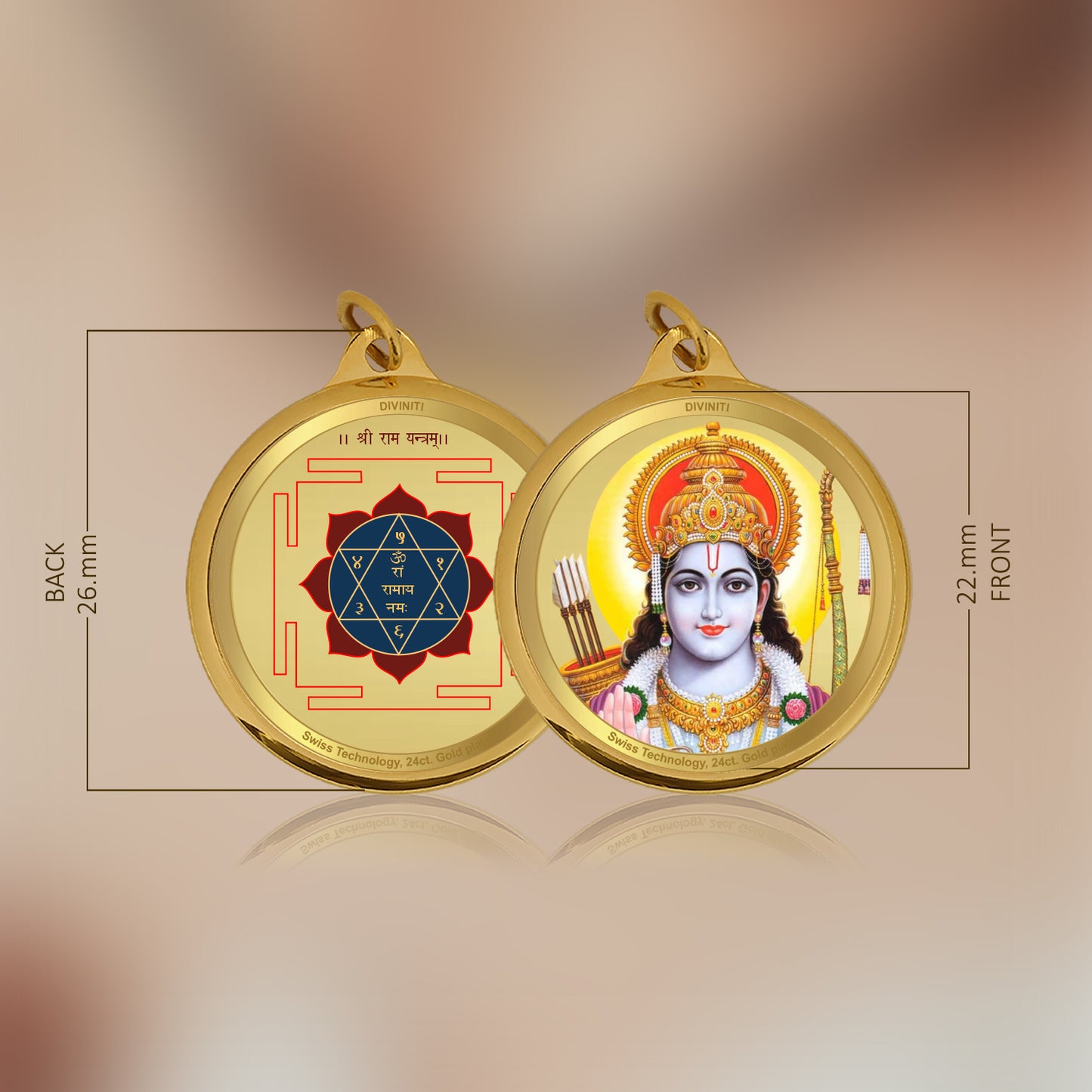 Diviniti 24K Gold Plated Lord RAM JI & YANTRA 22MM Double Sided Pendant For Men, Women & Kids