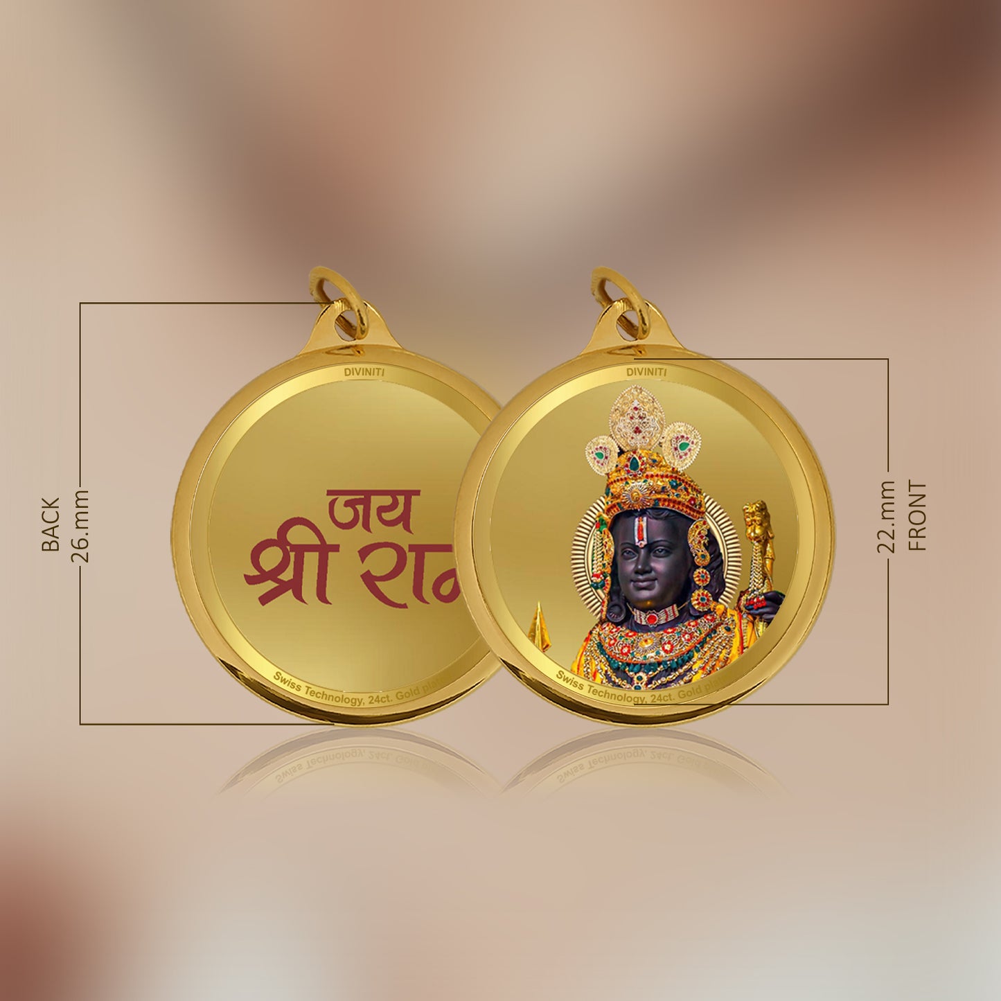 Diviniti 24K Gold Plated Ram Lalla & Jai Shri Ram 22MM Double Sided Pendant For Men, Women & Kids