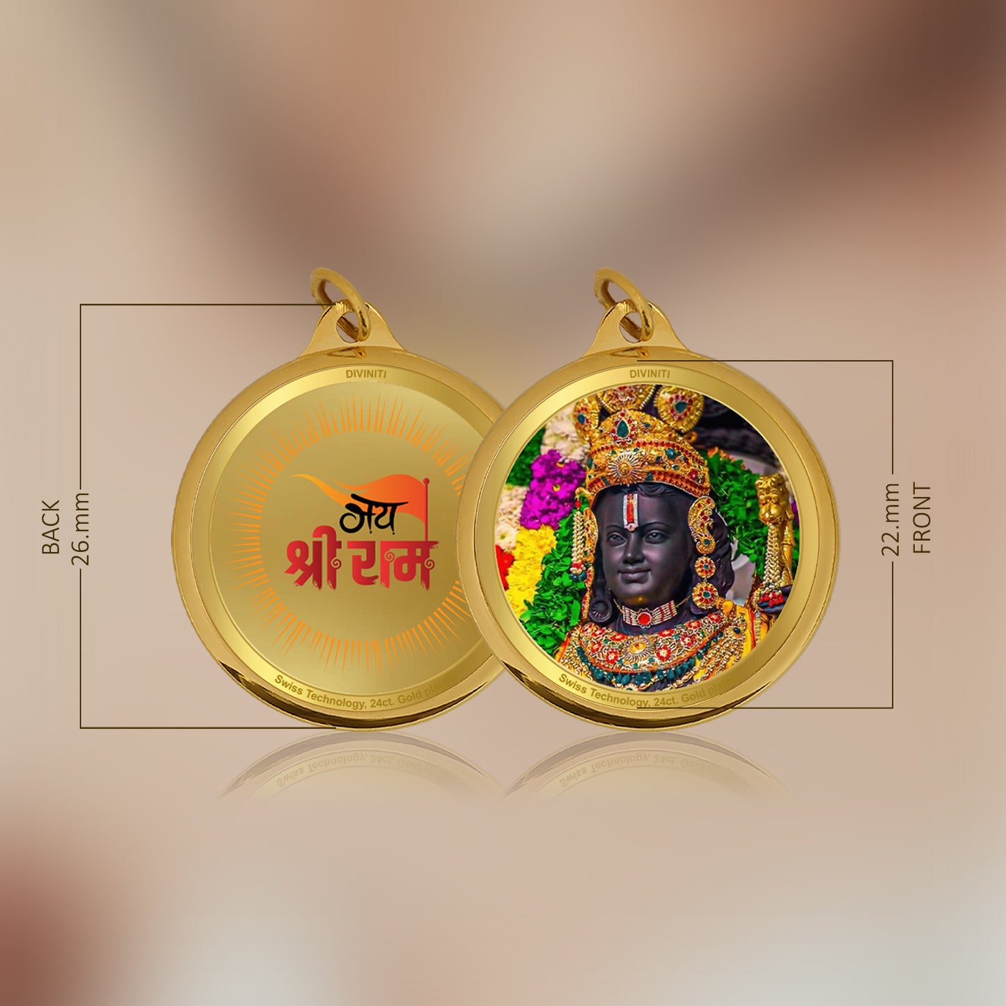 Diviniti 24K Gold Plated Lord Ram Lalla & Jai Shri Ram 22MM Double Sided Pendant For Men, Women & Kids