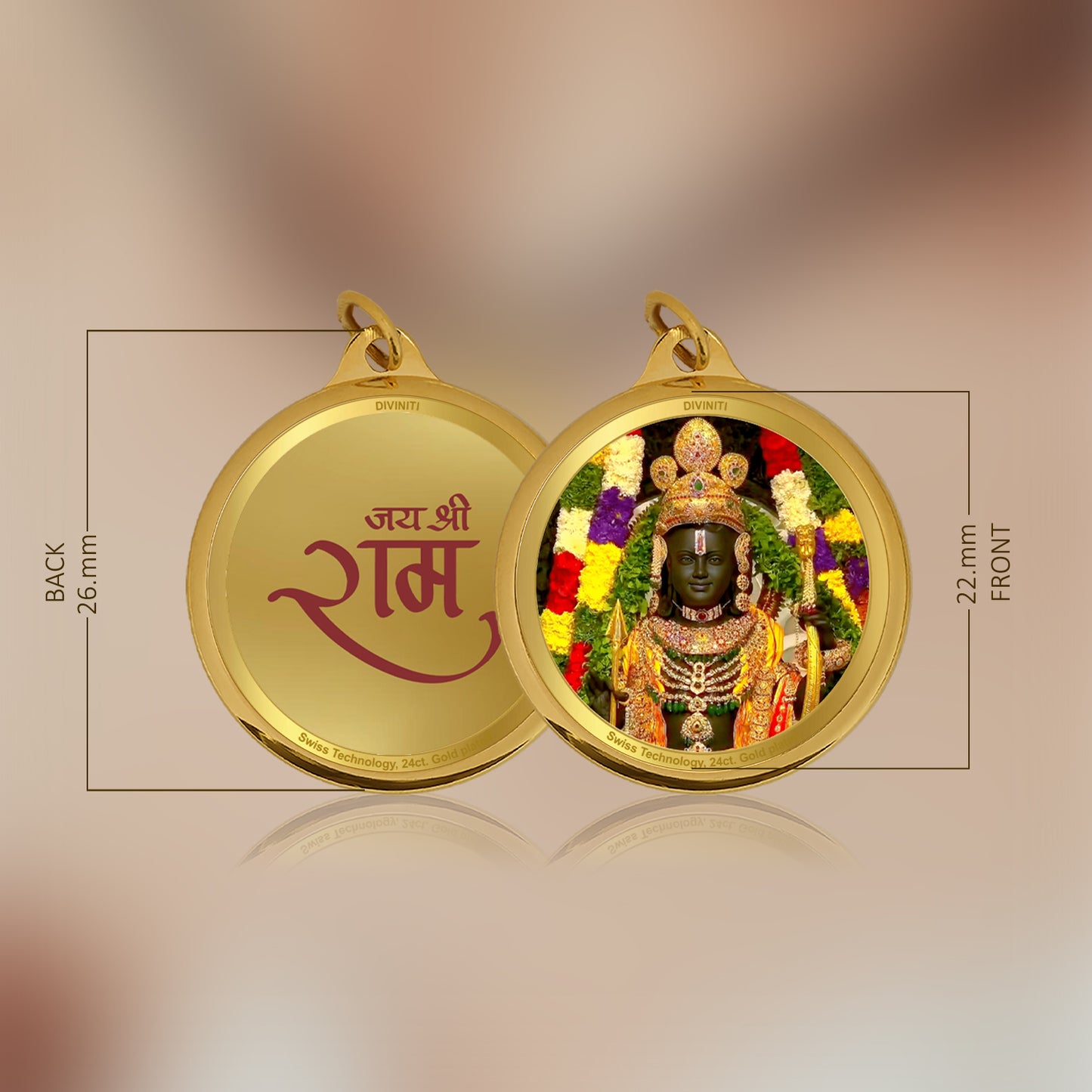 Diviniti 24K Gold Plated Ram Lalla & Jai Shri Ram 22MM Double Sided Pendant For Men, Women & Kids