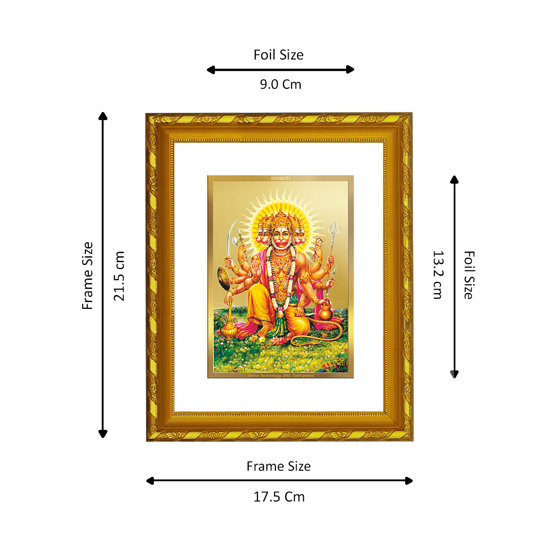 DIVINITI 24K Gold Plated Panchmukhi Hanuman Wooden Classic Photo Frame Idol for Home Decor, Puja Room, Table Top, Wall Hanging, Workshop, Luxurious Gift | DG103 Size 2 (22.6x18.4 CM)