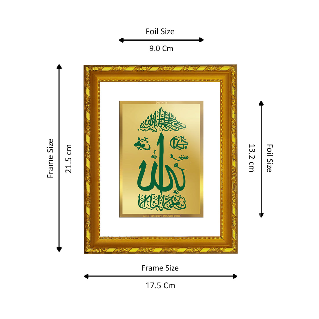 DIVINITI 24K Gold Plated Allah Wooden Classic Photo Frame Idol for Home & Office Decor, Wall Hanging, Workshop, Table Top, Gift | DG103 Size 2 (22.6x18.4 CM)