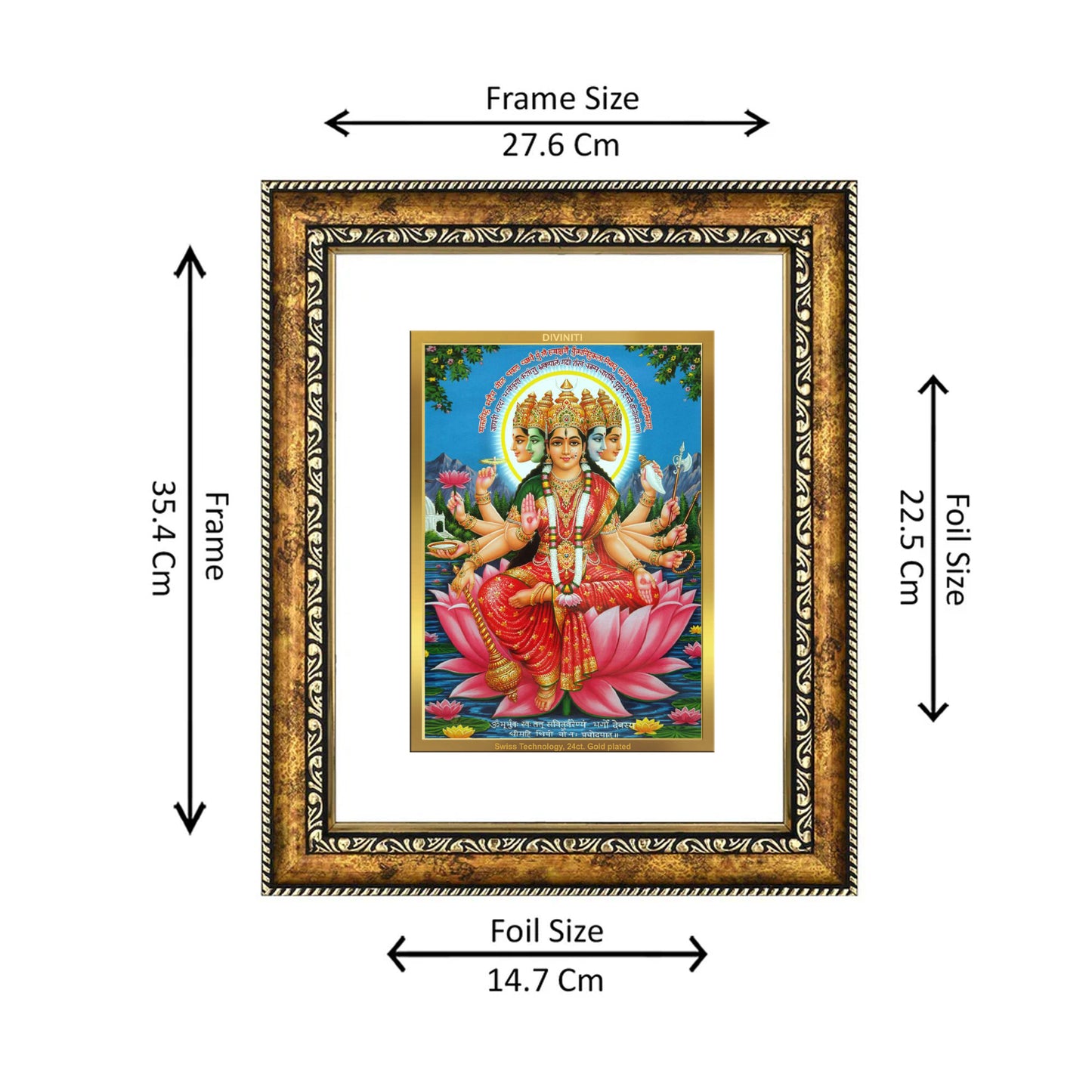 DIVINITI 24K Gold Plated Goddess Gayatri Wall Photo Frame for Home Decor, Wall Hanging, Table Top, Puja Room & Gift DG113S3 (27.6X35.4 CM)