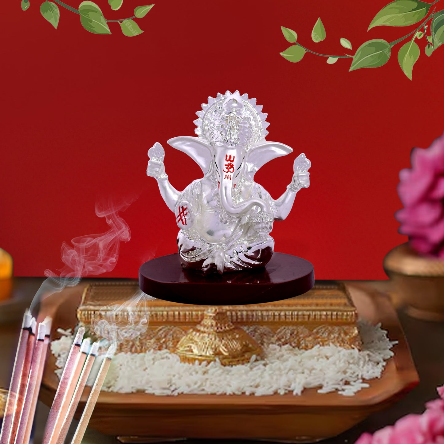 DIVINITI 999 Silver Plated Four-Hand Ganesh Idol Statue Divine Symbol of Prosperity and Protection for Home Office Décor, Tabletop, Puja Room Gift (6x6 CM)