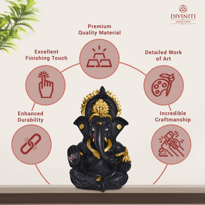 Diviniti 24K Gold Plated Resin Lord Ganesha Idol for Car Dashboard Tabletop For Home Decor Mandir Puja Gift Matte BlacK (8.4x4.2cm)