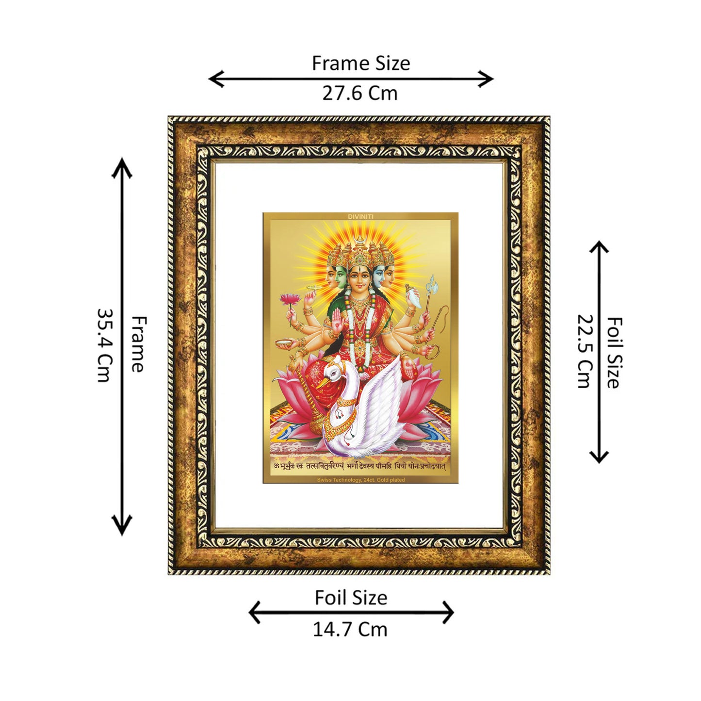 DIVINITI 24K Gold Plated Gayatri Mata Wall Photo Frame for Home Decor, Wall Hanging, Table Top, Puja Room & Gift DG113S3 (27.6X35.4 CM)