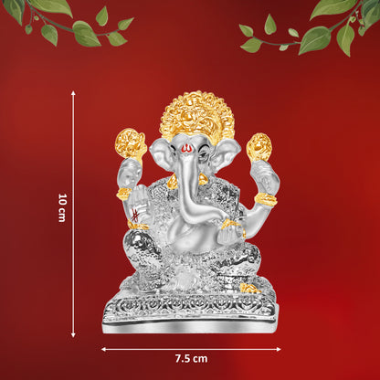 Diviniti 999 Silver Plated Ganpati Idol Statue Divine Symbol of Wisdom and Prosperity for Home Office Décor, Puja Room, Tabletop Gift (10x7.5 CM)