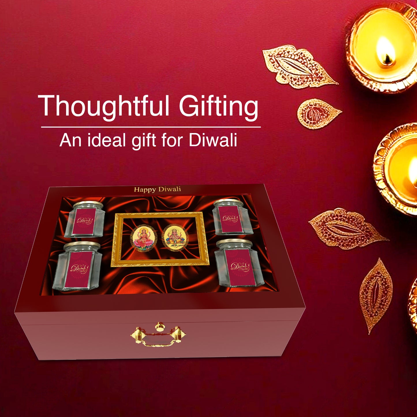 DIVINITI 24K Gold Plated Laxmi Ganesh Idol Photo Frame or Box for Home Decor, Wall Hanging Frame, Office Table & Luxurious Dry Fruits Bottle for Diwali Gift