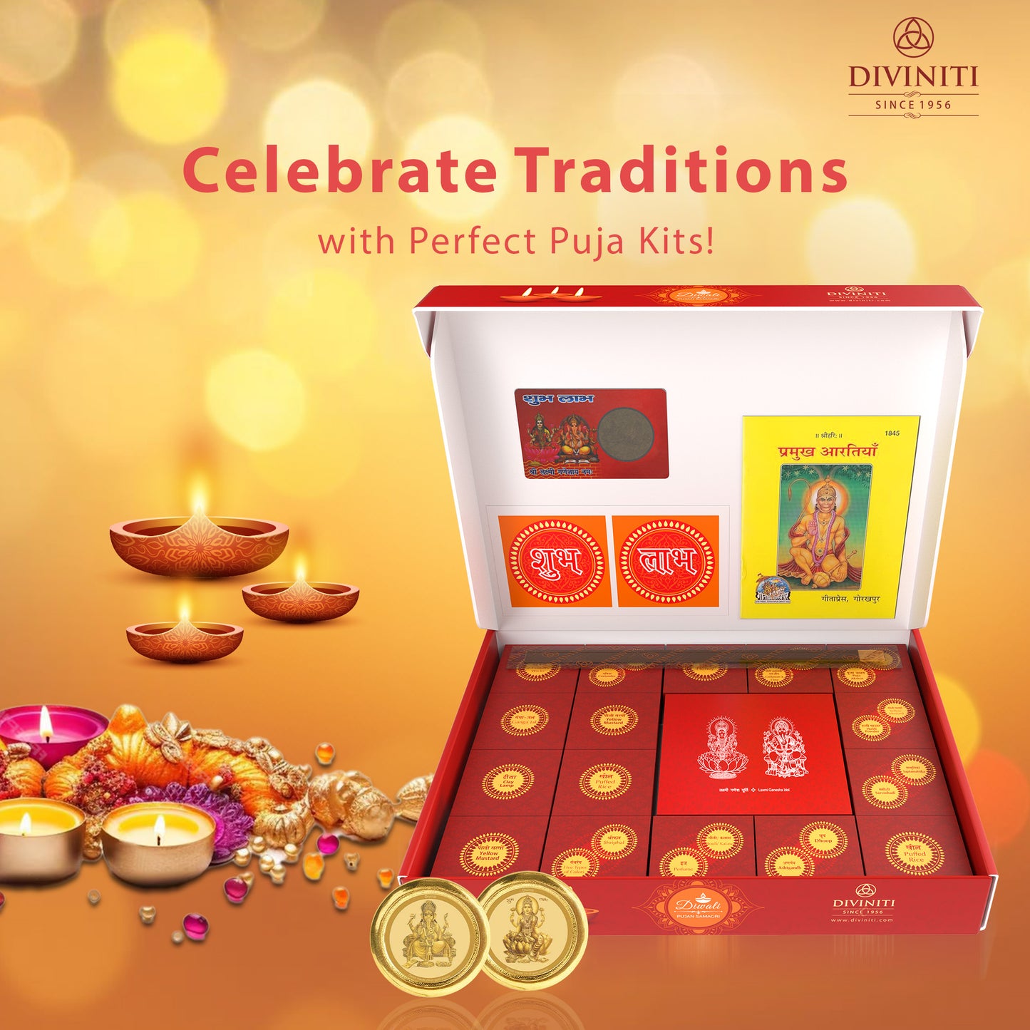 Diviniti Diwali Puja Samagri Kit for Home and Office Deepawali | Diwali Puja Kit with Handcrafted 24K Gold Plated Lakshmi Ganesha Frame, 24K Gold Plated Coin and Other Important Items for Puja Room & Diwali Gift