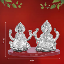 Load image into Gallery viewer, DIVINITI 999 Silver Plated Laxmi Ganesh Ji Idol Statue Radiant Symbol of Wealth and Wisdom for Home Office Décor, Puja Room, Tabletop Gift (6x5 CM)
