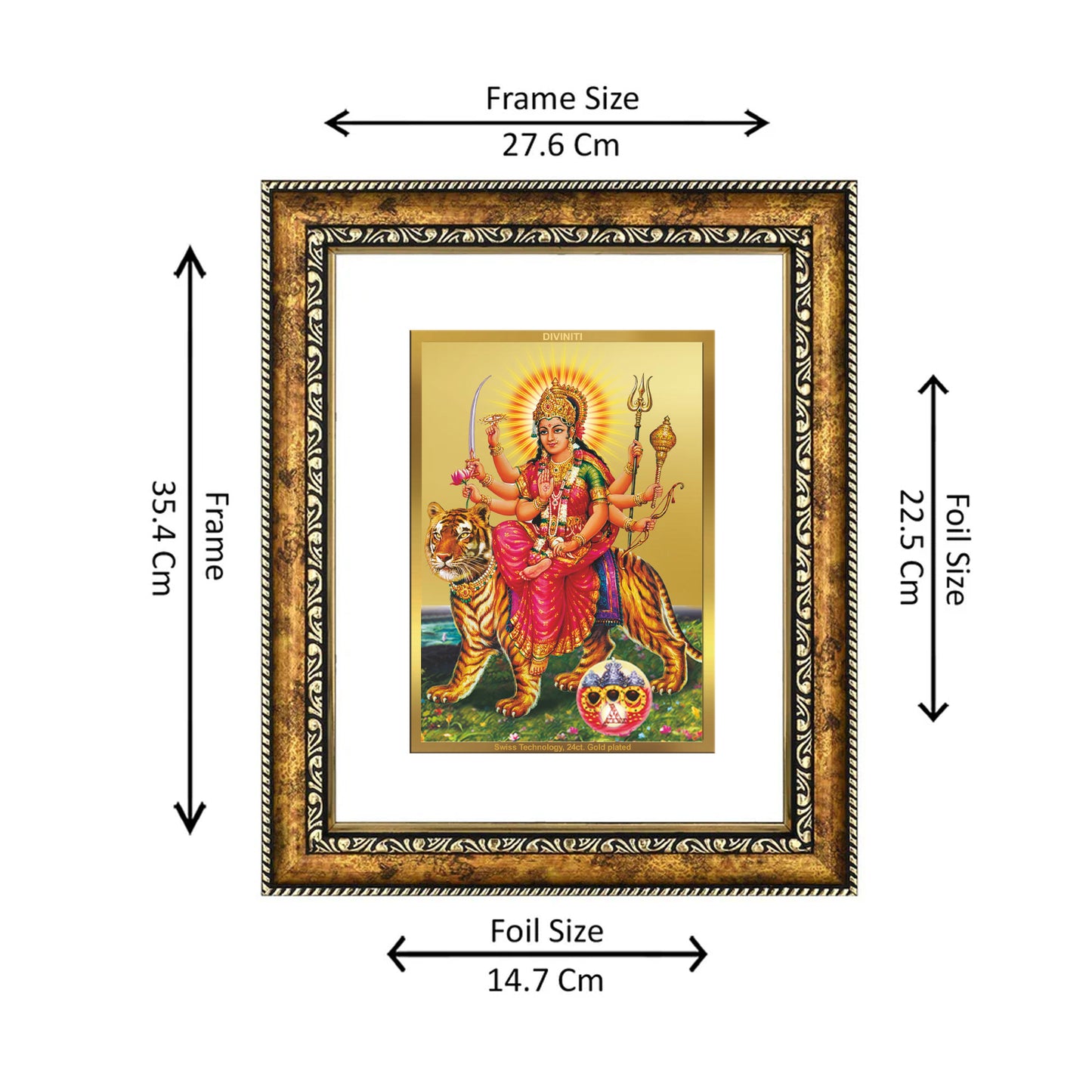 DIVINITI 24K Gold Plated Durga Wall Photo Frame for Home Decor, Wall Hanging, Table Top, Puja Room & Gift DG113S3 (27.6X35.4 CM)