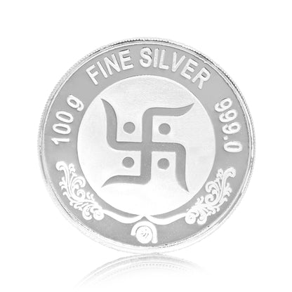 DIVINITI Pure Silver Coin Laxmi Ganesh & Swastik Symbol of Prosperity and Blessings for Home & Office Décor, Puja Room Diwali Gift (100g)