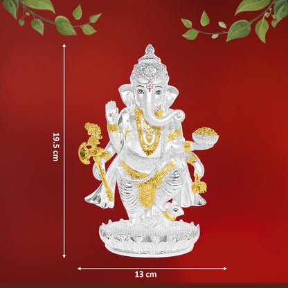 Diviniti 999 Silver Plated Ganesh Ji Idol Statue Exquisite Spiritual Blessing for Home, Office & Pooja Room Gift (19.5x13 CM)