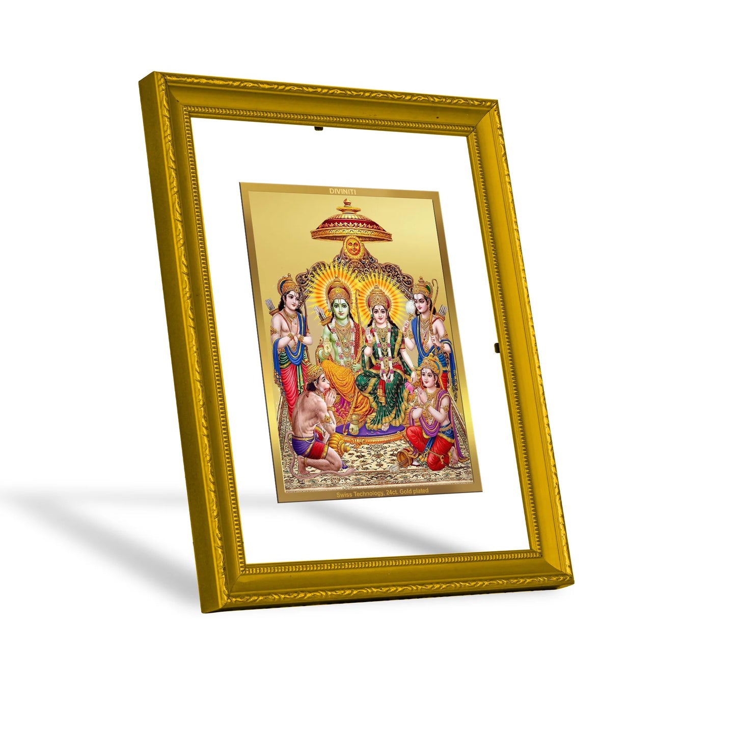 DIVINITI 24K Gold Plated Foil Lord Ram Darbar Wooden Photo Frame Idol for Puja Room, Workshop, Wall Hanging, Home Decor, Gift | DG101 Size 2 (22.6x18.4 CM)