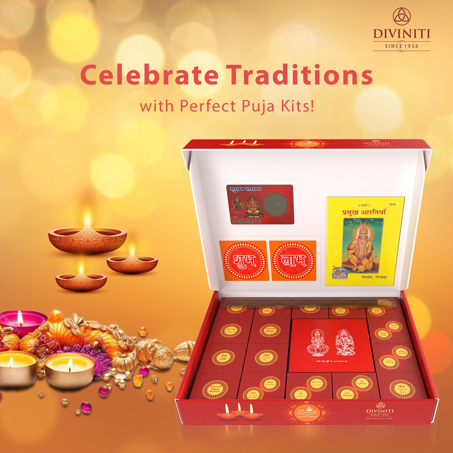 Diviniti Diwali Puja Samagri Kit with Handcrafted Lakshmi Ganesha Idol, Diwali Puja Kit for Home and Office Deepawali for Puja Room & Diwali Gift