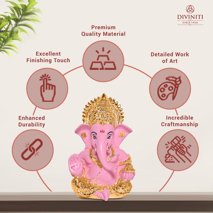 Diviniti 24K Gold Plated Resin Lord Ganesha Idol for Car Dashboard Tabletop for Home Decor Mandir Puja Gift Baby Pink (8.4x4.2cm)