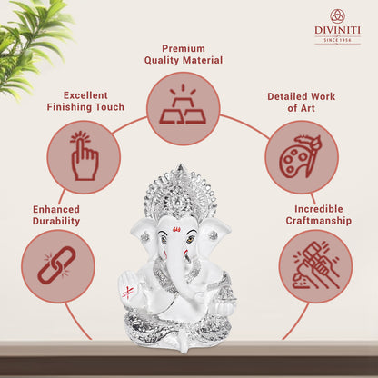 Diviniti 999 Silver Plated Resin Lord Ganesha Idol for Car Dashboard Tabletop for Home Decor Mandir Puja Gift White (8.4x4.2cm)