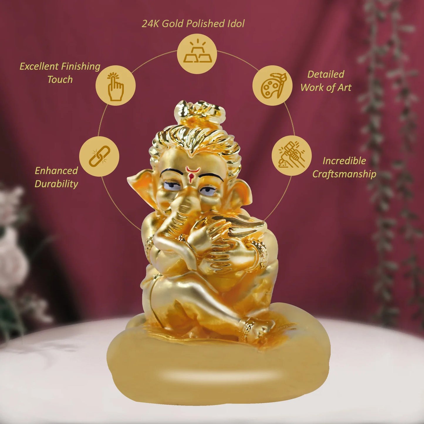 DIVINITI 24K Gold Plated Bal Ganesha Idol | Exquisite Divine Statue for Home Decor, Office Table Top, Car Dashboard, Pooja Room & Gift (8X7CM)