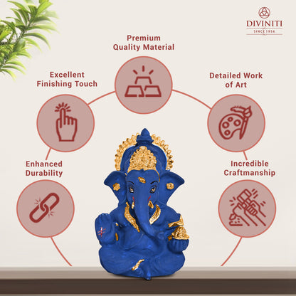 Diviniti 24K Gold Plated Resin Lord Ganesha Idol for Car Dashboard Tabletop for Home Decor Mandir Puja Gift Navy Blue (8.4x4.2cm)