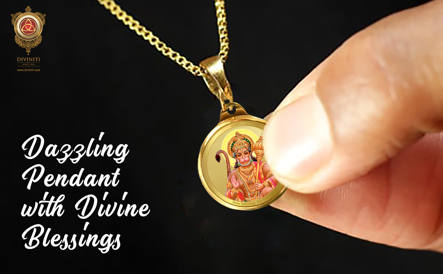 Diviniti 24K Gold Plated Hanuman & Yantra 22MM Double Sided Pendant For Men, Women & Kids