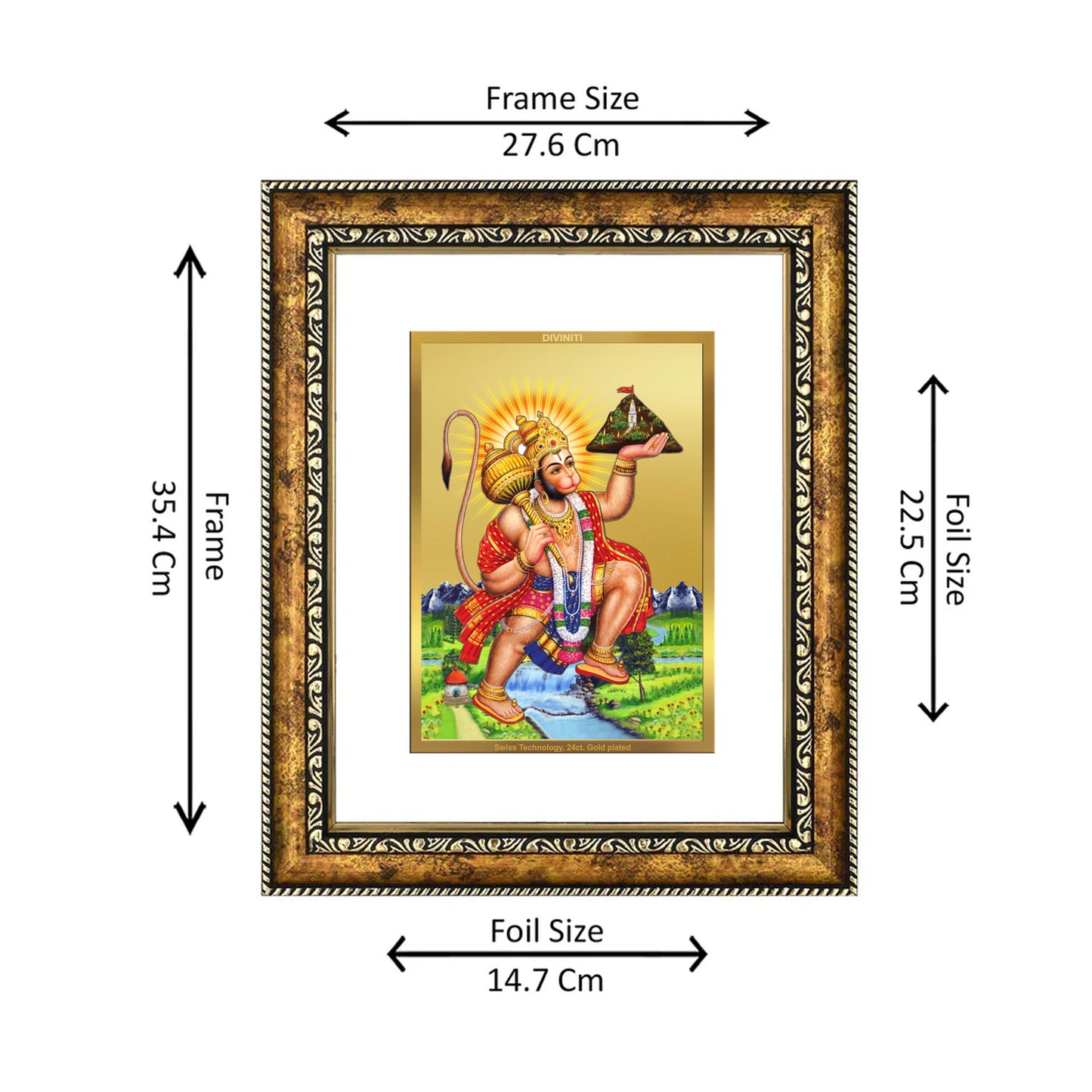 DIVINITI 24K Gold Plated Hanuman with Parvat Wall Photo Frame for Home Decor, Wall Hanging, Table Top, Puja Room & Gift DG113S3 (27.6X35.4 CM)