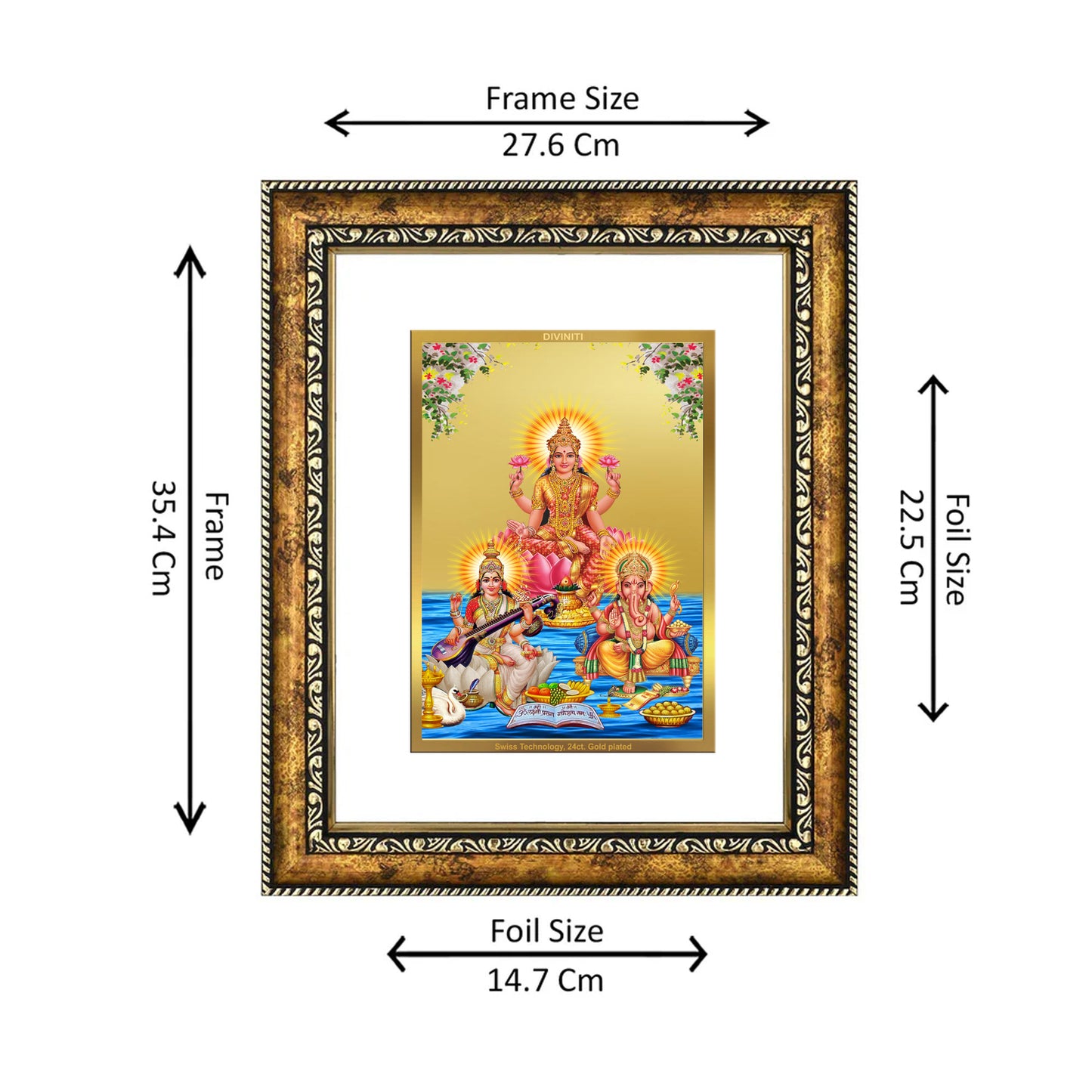 DIVINITI 24K Gold Plated Lakshmi Ganesha Saraswati Wall Photo Frame for Home Decor, Wall Hanging, Table Top, Puja Room & Gift DG113S3 (27.6X35.4 CM)