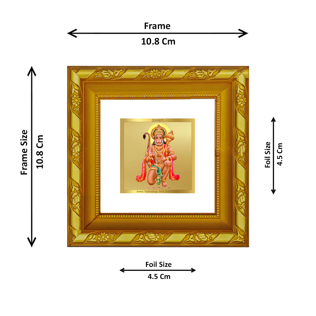 DIVINITI 24K Gold Plated Foil Lord Hanuman Wooden Modern Photo Frame Idol for Workshop, Table Top, Home Decor, Puja Room, Gifts | DG103S1A (10x10 CM)