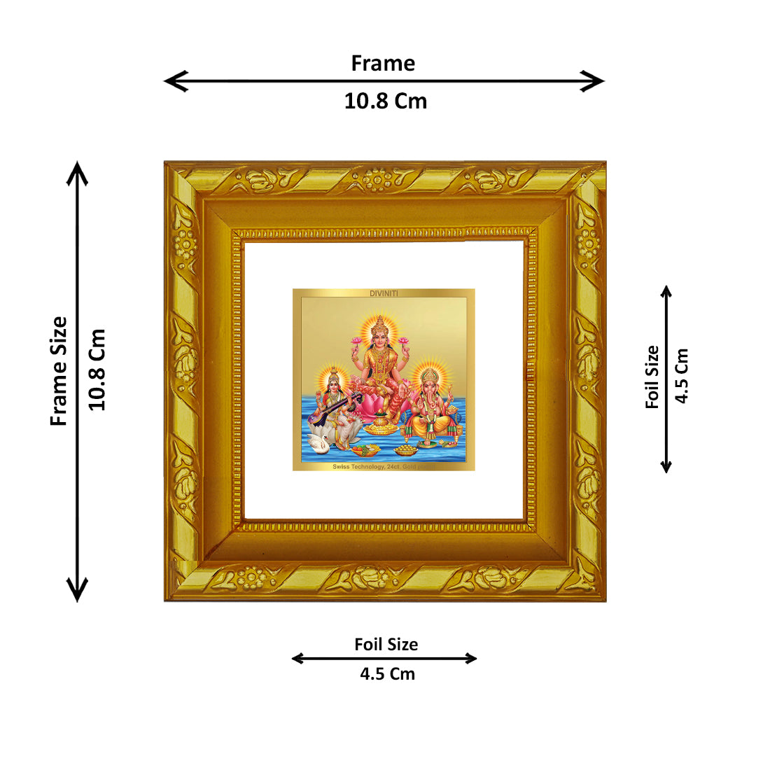 DIVINITI 24K Gold Plated Foil Laxmi Ganesha Saraswati Wooden Wall Photo Frame Idol for Home Decor, Puja Room, Table Top, Workshop, Gifts | DG103S1A (10x10 CM)