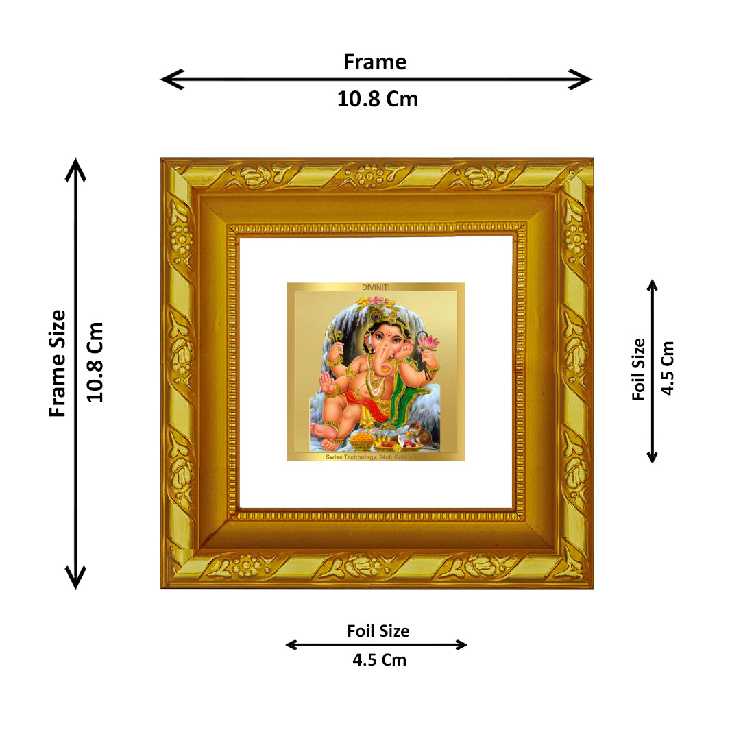 DIVINITI 24K Gold Plated Foil Bal Ganesha Elephant Face Wooden Wall Photo Frame Idol for Puja Room, Workshop, Home Decor, Table Top, Gifts | DG103S1A (10x10 CM)