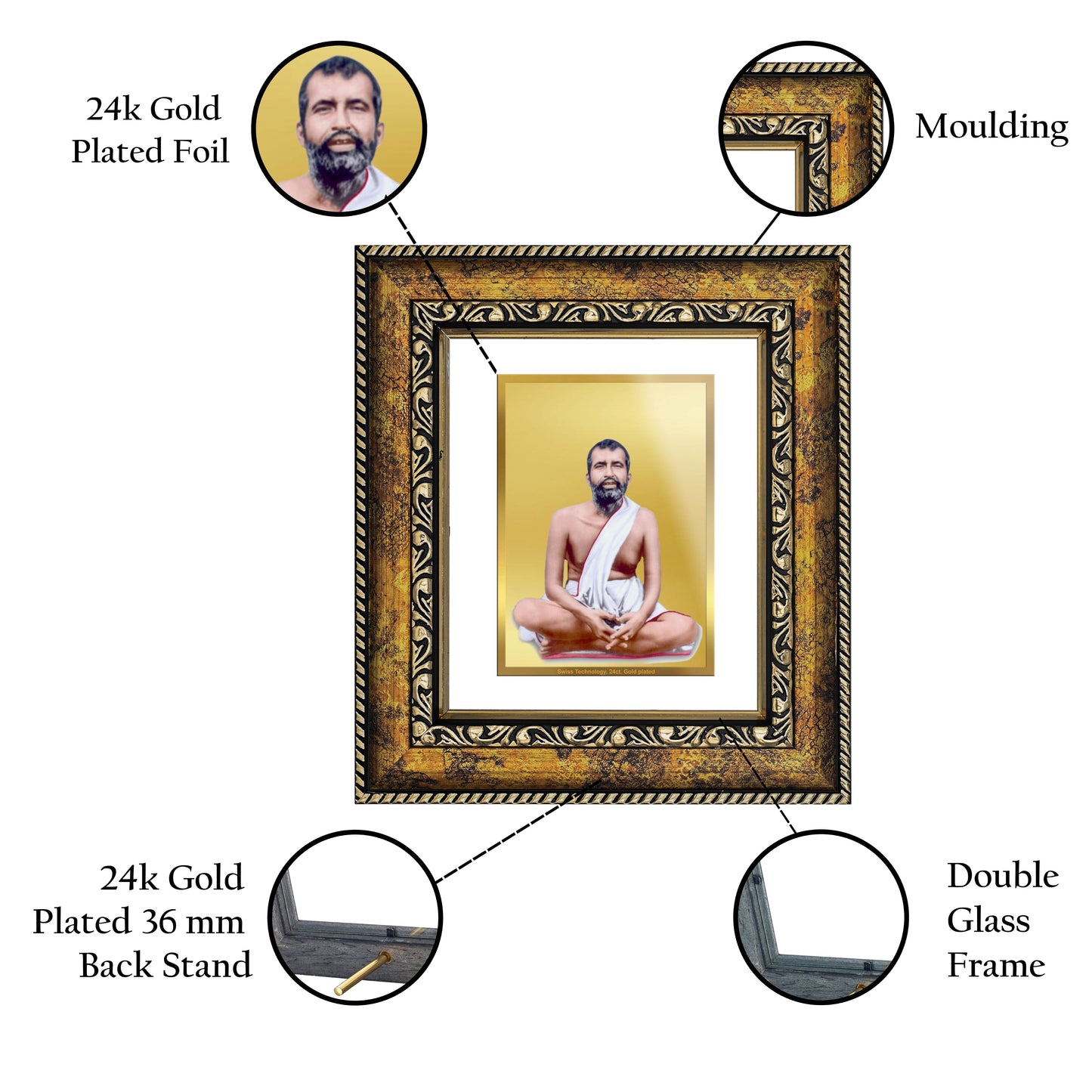 DIVINITI 24K Gold Plated Foil Ram Krishna Wall Photo Frame, Table Decor for Home & Office Decor Gift Items DG 113 Size 1 (17.7x15.9 CM)