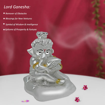 DIVINITI 999 Silver Plated Bal Ganesha Idol | Exquisite Divine Statue for Home Decor, Office Table Top, Car Dashboard, Pooja Room & Gift (8X7CM)