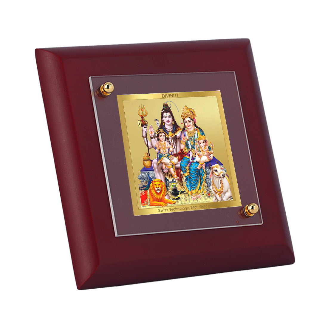 Diviniti 24K Gold Plated Lord Shiv Parivar Photo Frame Love and Faith for Home Decor, Tabletop, Puja Room, Luxury Gift | MDF Size 1A (9.9x9.9 CM)